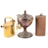Pair of Edwardian brass-framed girondoles, copper urn, and other metalware.