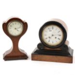 Edwardian inlaid mahogany balloon shape mantel clock and a drum head clock, (2).