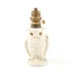 Edwardian porcelain nursery oil lamp, in the form of an owl