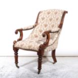 Victorian mahogany scroll arm easy chair, and footstool upholstered en suite
