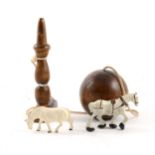 19th Century treen, ball and peg game, painted metal horses and other farm animals.