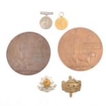 Two pairs WWI medals, memorial plaques and ephemera,