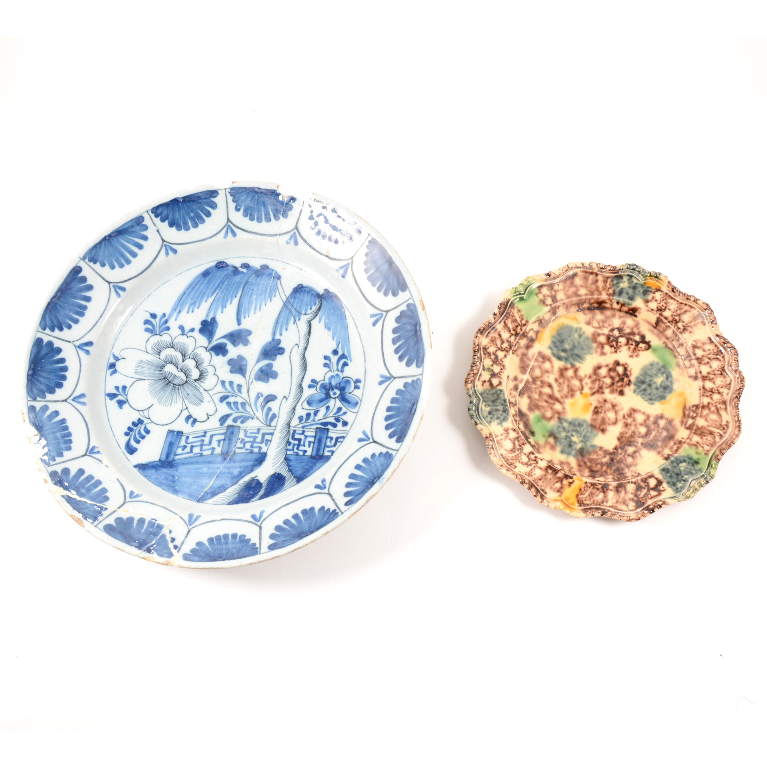 Whieldon type creamware plate, mid 18th Century, and a Delft dish