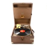 HMV portable gramophone with brown 'lizard skin' case.