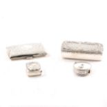 Four silver items, to include a Scottish silver snuff box, cigarette case, pill box and tape