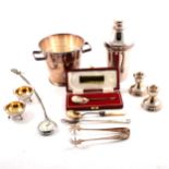 Silver and silver-plated ware; including pair of dwarf candle sticks, tea strainer, etc.