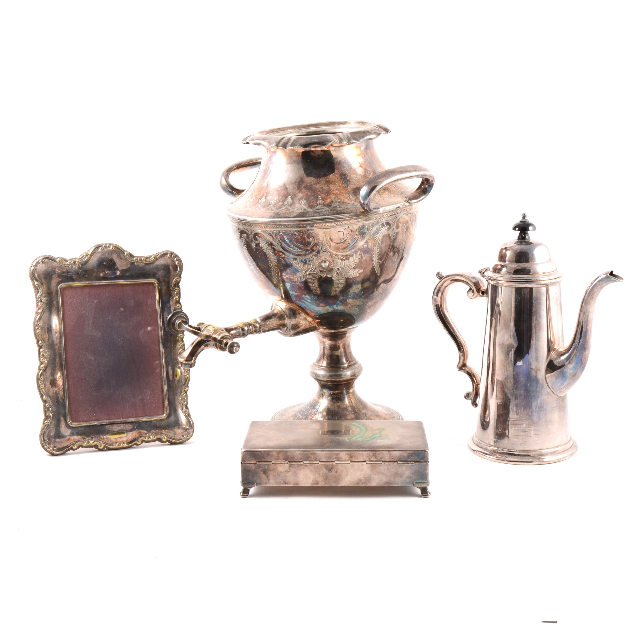 A collection of ceramics and plated wares, to include a tea urn, salver, salts, cigar box