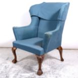 George II style walnut framed wing-back easy chair, patterned upholstery,