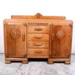 1930s oak dining suite, comprising sideboard, six chairs, draw-leaf table.