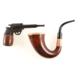 A Sherlock Holmes pipe, 18ct rim to bowl and a pistol pipe