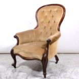 Victorian mahogany framed easy chair, buttoned dralon, cabriole legs, 77cm.