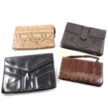 Two Yves Saint Laurent vintage envelope clutch bags in brown and black, a 1920s crocodile clutch