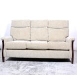 Modern settee, matching armchair, dark beech frame, cloth upholstered, settee length 185cm.