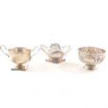 Silver bonbon dish, sugar bowl and trophy,