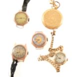 A yellow metal fob watch and four wrist watches.