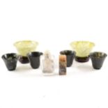 Pair of Chinese variegated jade tea bowls, etc.