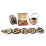 Box of metalware, horse brasses, badges, costume jewellery, etc.