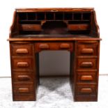Small oak roll-top desk, S-shape tambour, twin pedestals with drawers, 108cm.