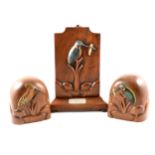 A pair of mahogany book ends and lamp decorated with coloured Kingfishers and Hoopoe birds in