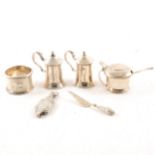 A Liberty silver mustard pot, silver salt and pepper, napkin ring, book mark and lorgnette