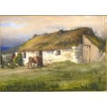 Frederick Ramsden, rural scene with thatched bothy and cattle, 16cm x 23cm,