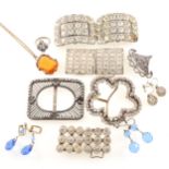 A collection of vintage paste set buckles, brooch, earrings, pendant etc