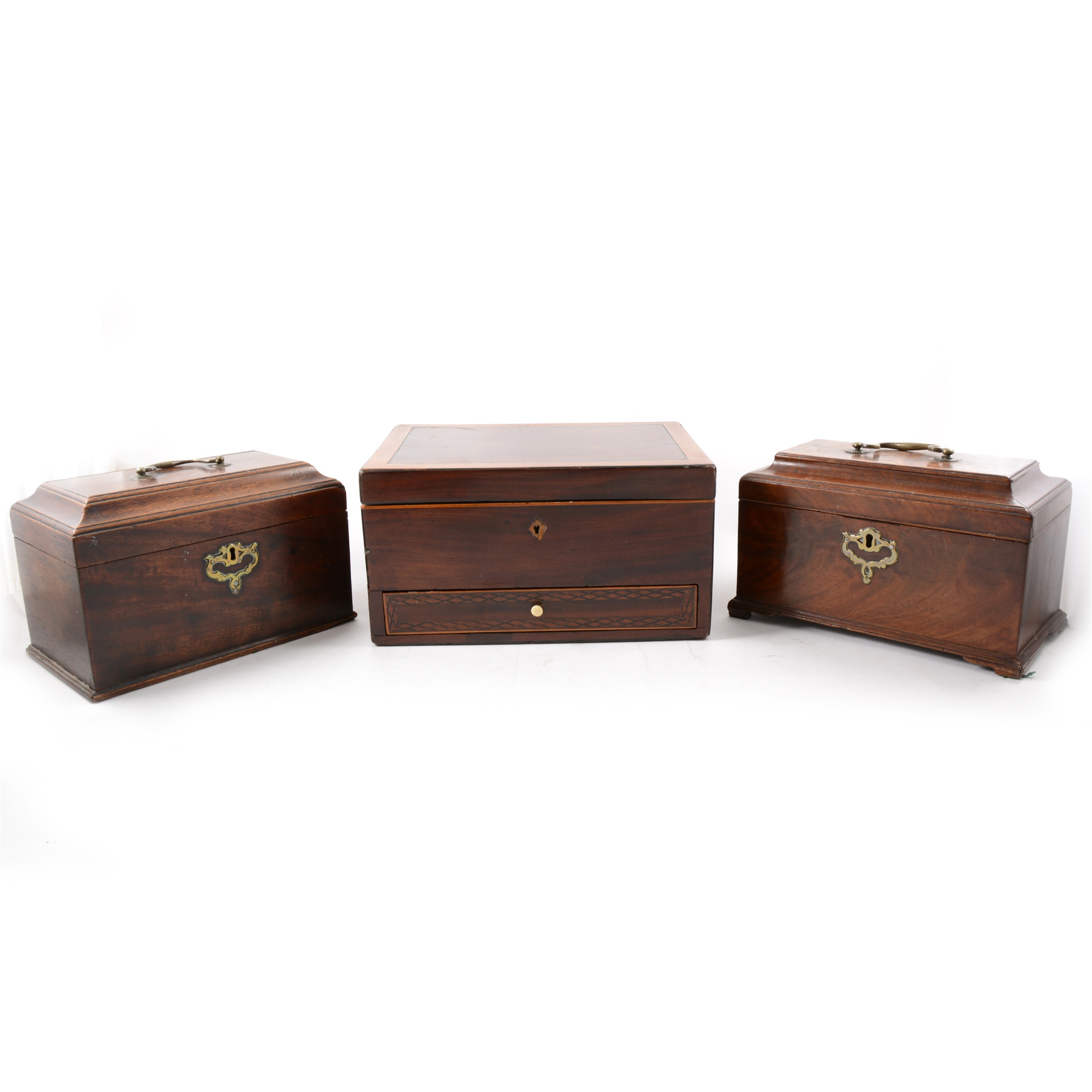 Two mahogany tea caddies, a jewellery box with drawer, and an oak writing slope.