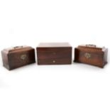 Two mahogany tea caddies, a jewellery box with drawer, and an oak writing slope.