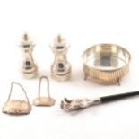 Pair of silver pepper mills, back scratcher, etc.