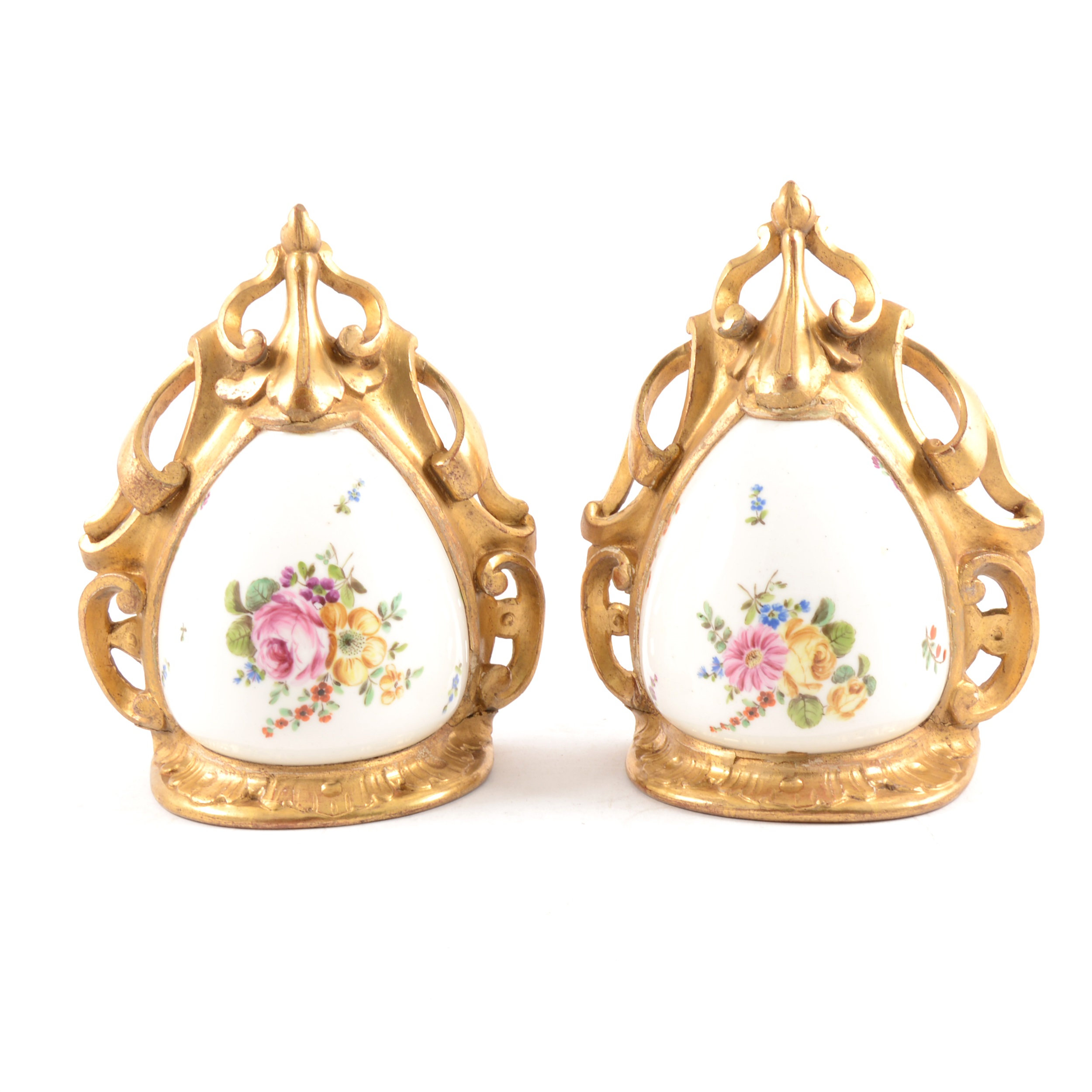 Pair of porcelain mounted gilt wood wall brackets