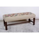 Mahogany framed long stool, gros point floral needlework, upholstery, square moulded legs, 108cm, x