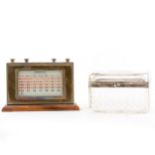 Edwardian oak perpetual desk calendar and a glass box,