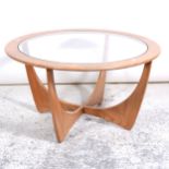 Teak glass top circular coffee table, by G-Plan,