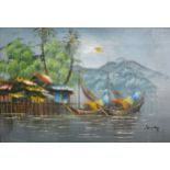 *Camphoys, lake scene, signed, oil on canvas, 40 x 80cm; pair of Eastern oil paintings, (3)