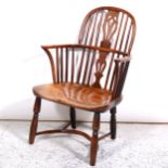 Victorian yew wood and elm Windsor chair, narrow arm,