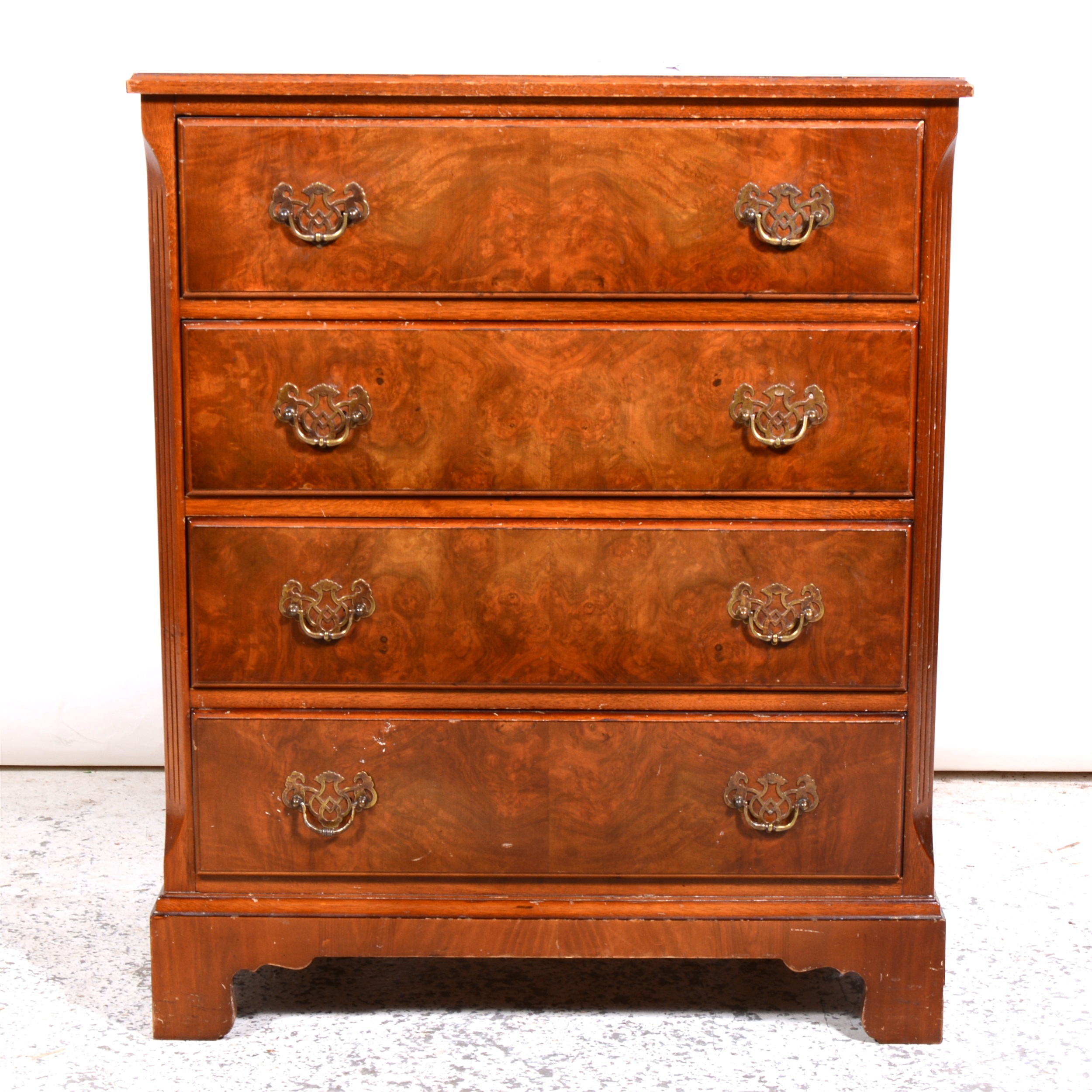 Reproduction walnut finish chest of drawers, etc