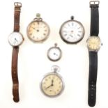 A collection of white metal wrist and pocket watches