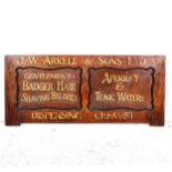 A stained wood advertisement panel