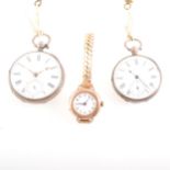 Two silver pocket watches and a 9 carat lady's wrist watch