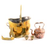 A brass helmet-shape coal scuttle, trivets and metalwares.