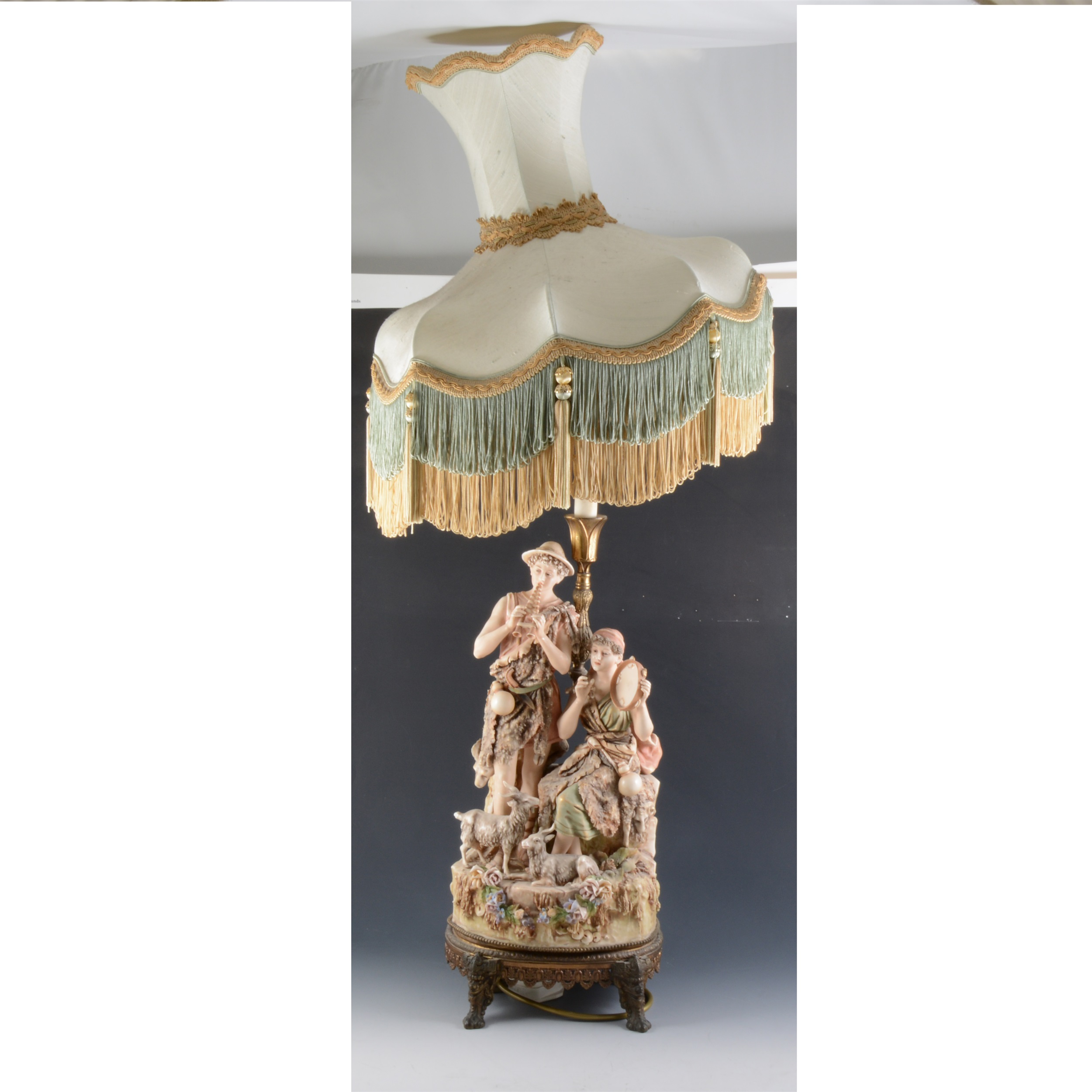 Royal Dux table lamp, modelled with shepherd and shepherdess musicians