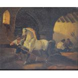 Dutch School, 19th Century, Figures and a horse in an undercroft