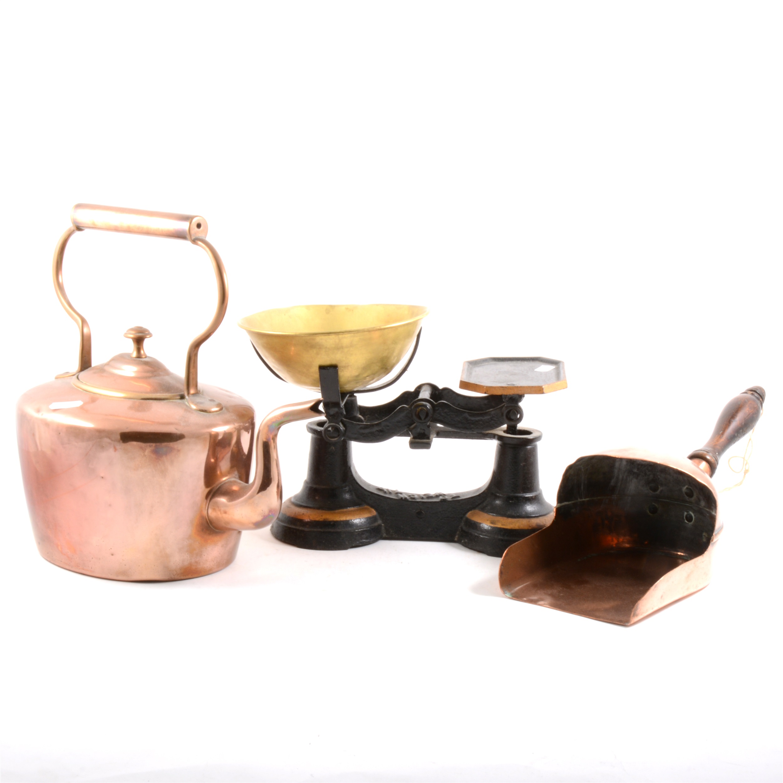 A Victorian copper kettle, bras weights, and metalwares