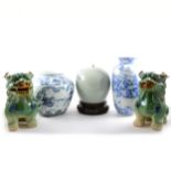 Chinese Wanli style blue and white jar, and other Chinese ceramics, and a pair of temple lions