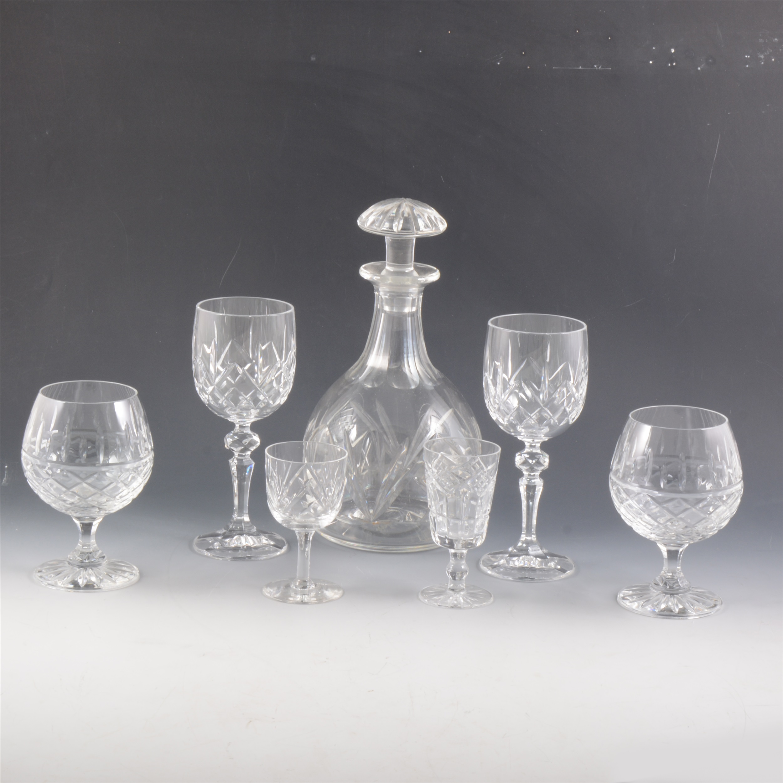 Pair of mallet-shape cut glass decanters, and other glassware