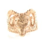 A 9 carat yellow gold rams head dress ring,.