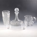 A collection of glassware, including a jug and tumbler set, six matching "port" glasses, etc