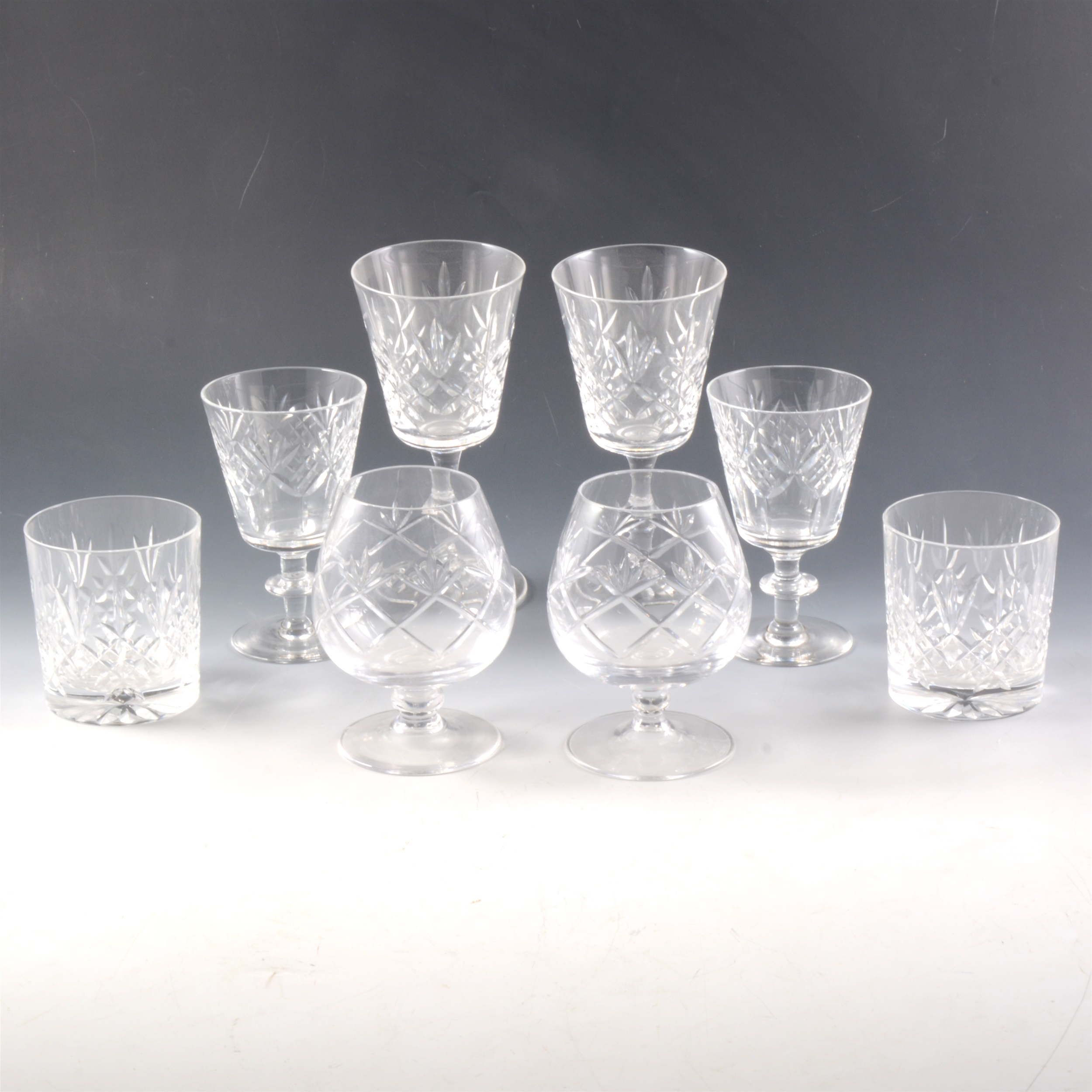 A set of six Edinburgh crystal wine glasses, and other glassware