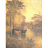 S C Murray (?), Cattle watering in a river, oil on canvas
