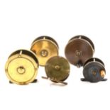 Five all-brass centre pin fly fishing reels